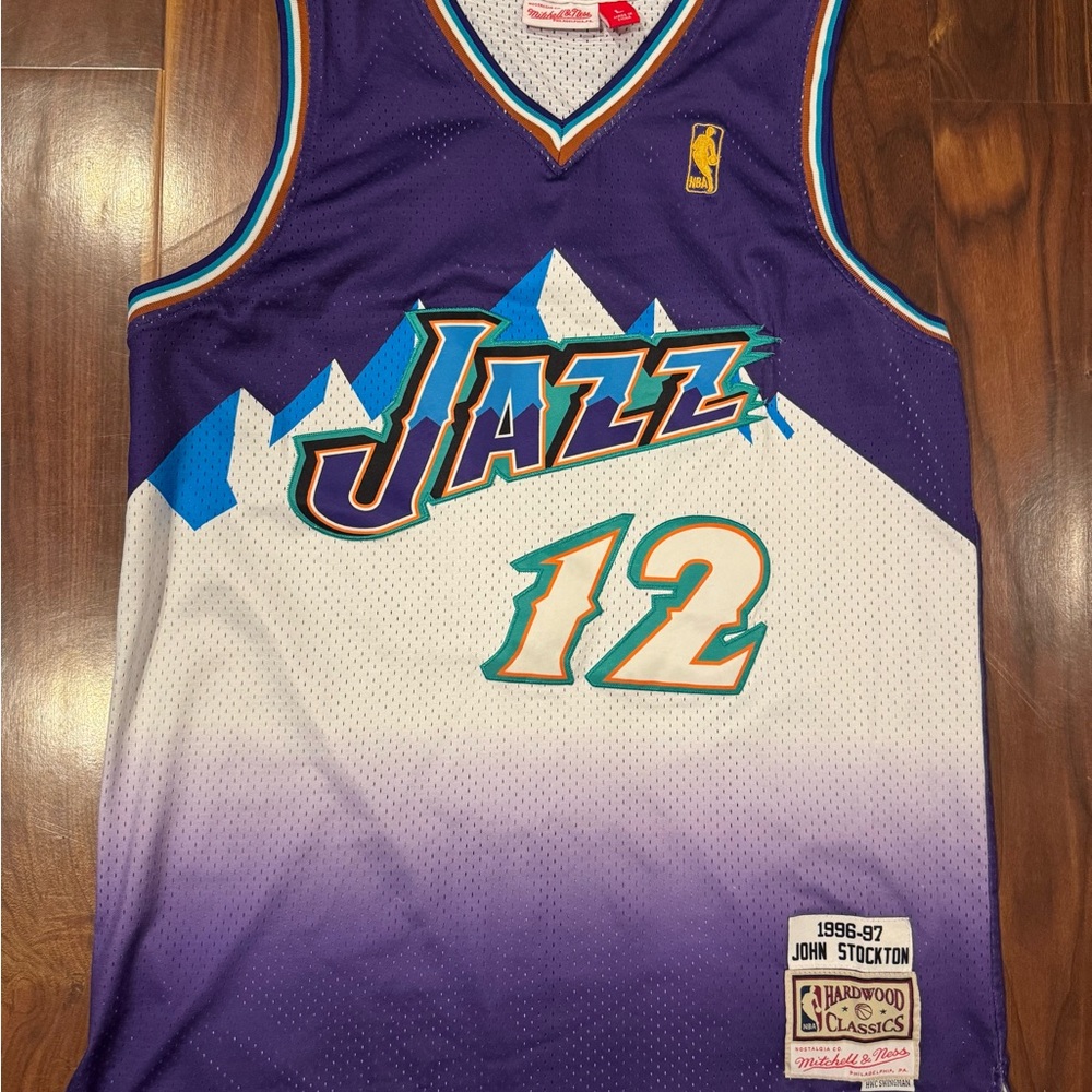 Mitchell & Ness Purple and White Jazz Jersey with Blue Accents